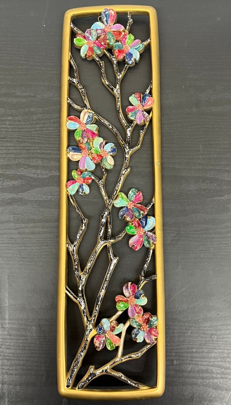VTG Syroco Dogwood Floral Branch Wall Art Plaque Gold Frame Colorful Flowers MCM